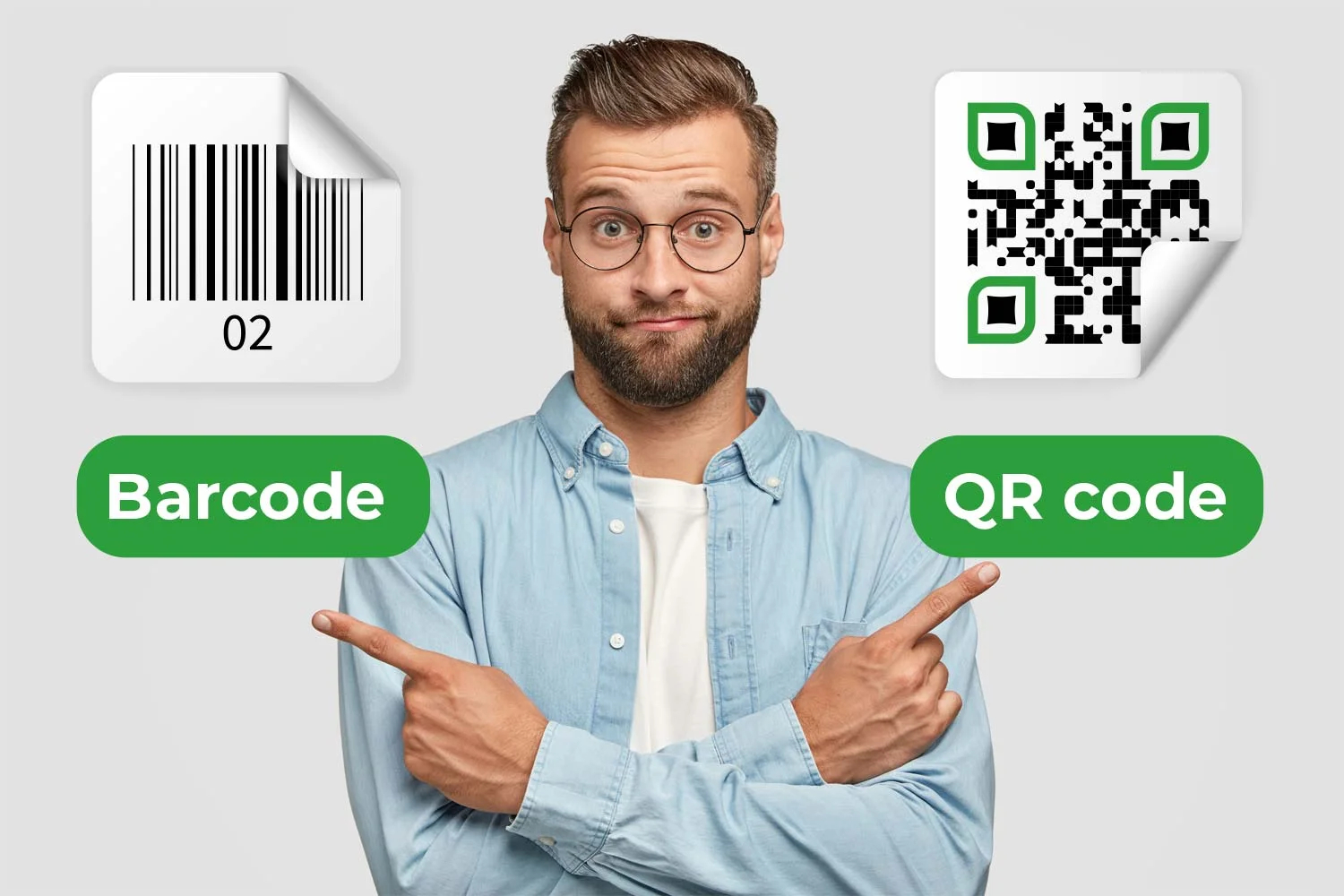 Man thinking which one to choose: Barcode or QR code