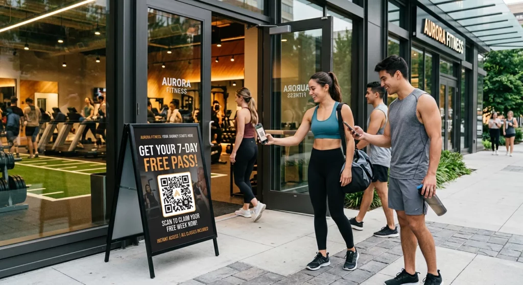 סצנת שיווק QR בחדר כושר