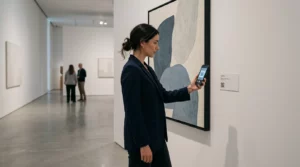 Il visitatore scansiona il QR della galleria