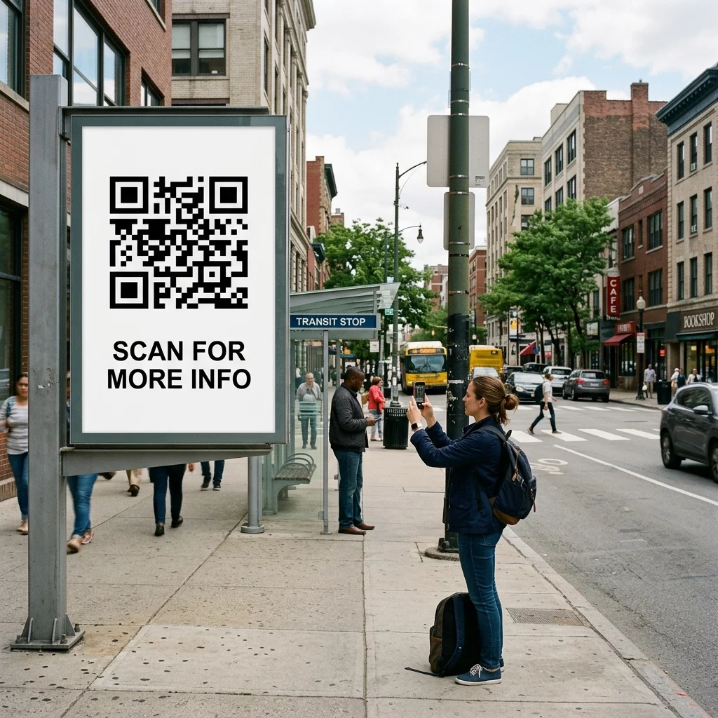 Person scanning billboard QR