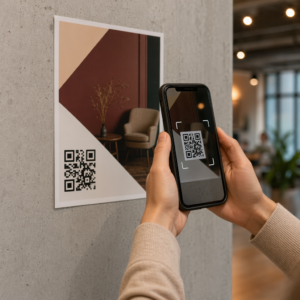 Teléfono escaneando póster QR