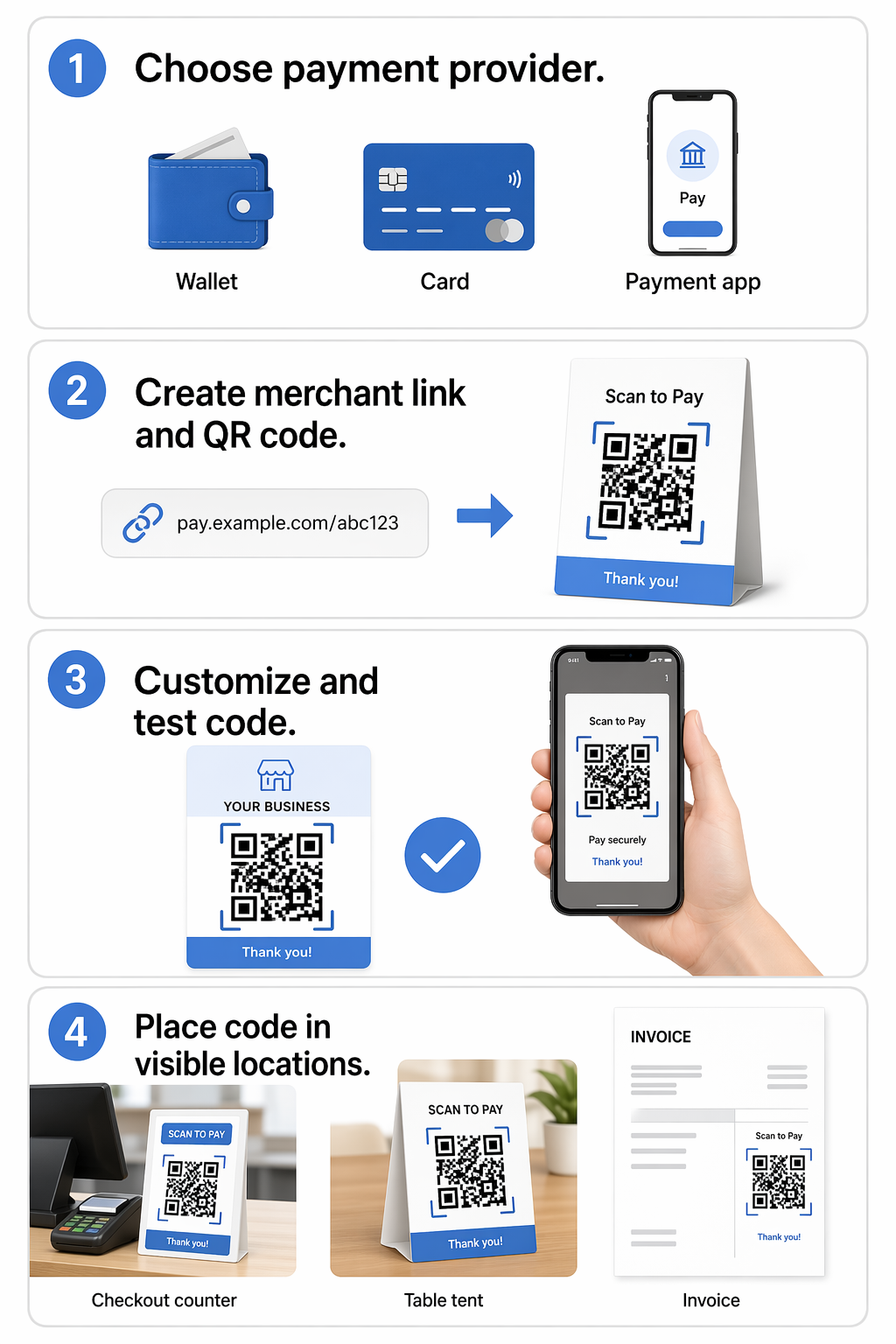 Etapas de configuração de pagamento QR