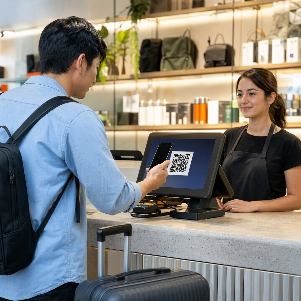 Traveler scans payment code