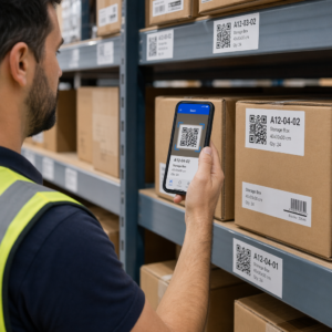 Trabalhador escaneando QR de inventário