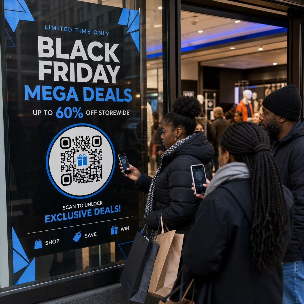 Shoppers scan store poster
