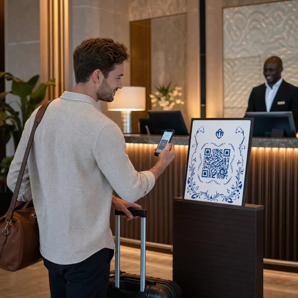 Traveler scanning hotel QR