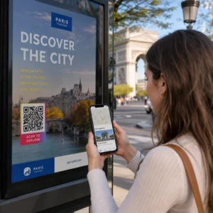 Tourist scanning QR code