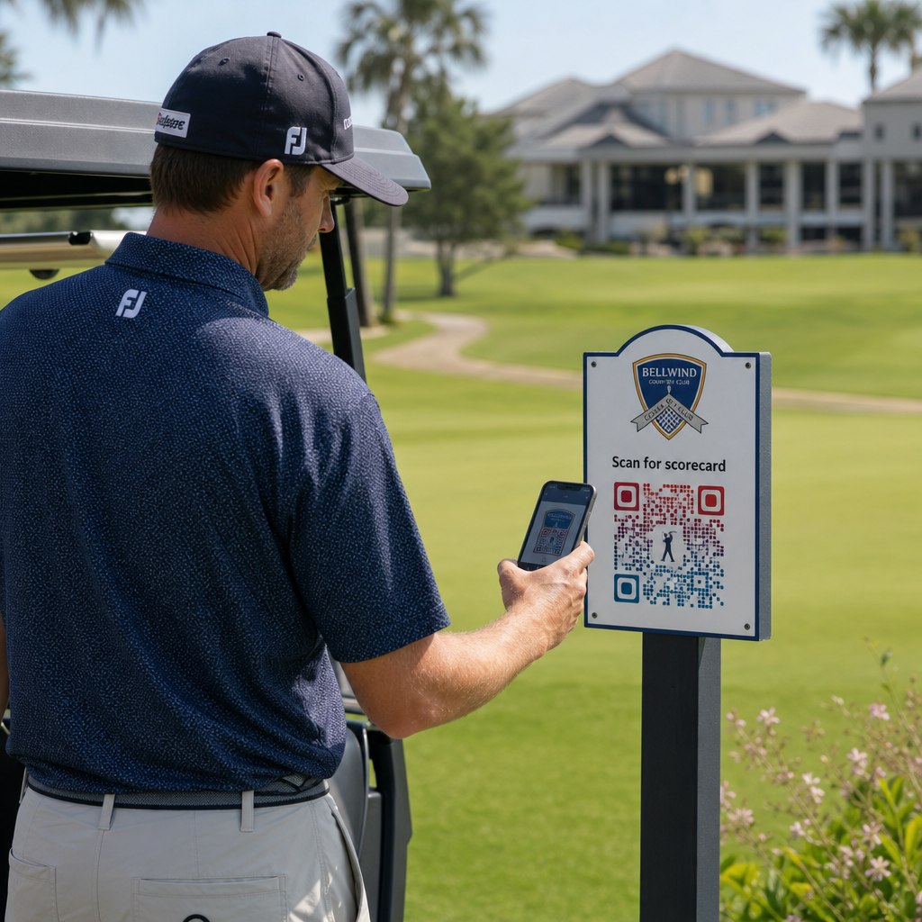 Golfer scanning QR code