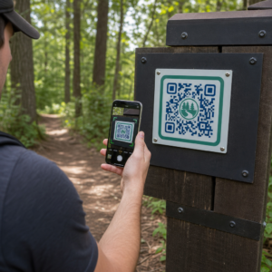Hiker scanning trail marker