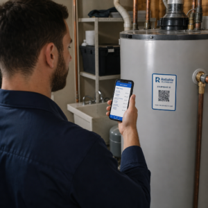 Plumber scans equipment label