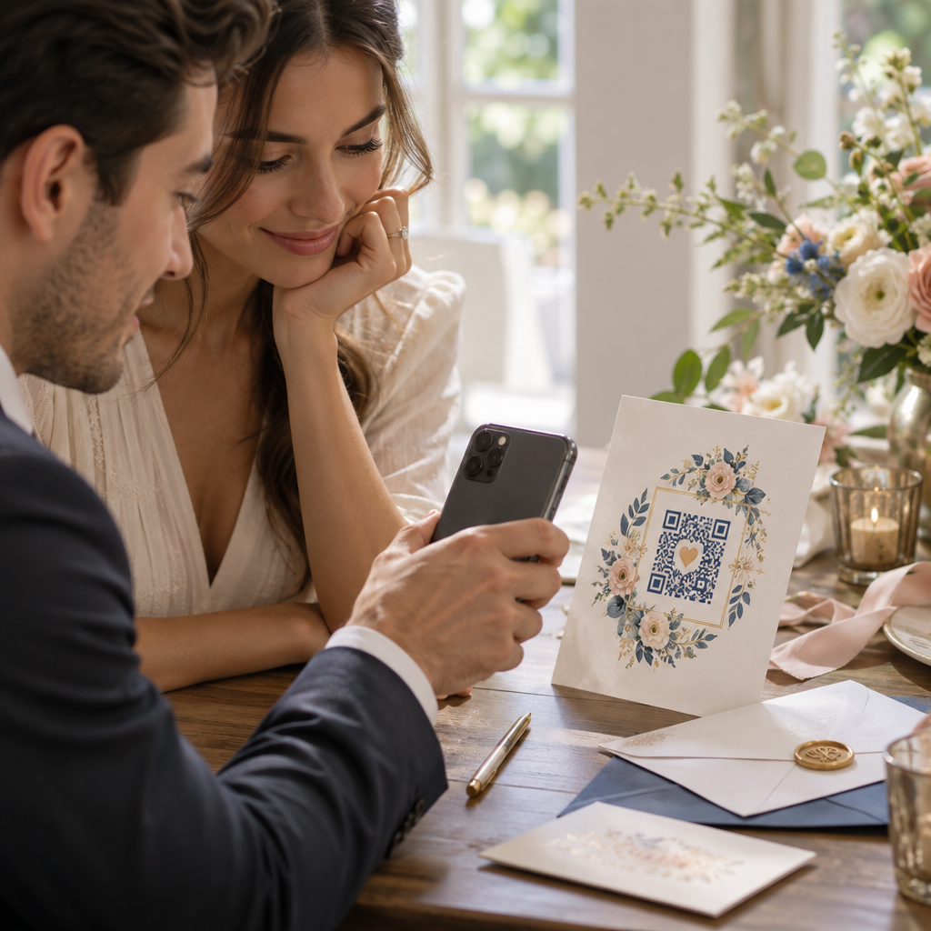 Couple scanning wedding invitation
