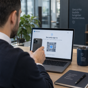Employee scanning secure login QR