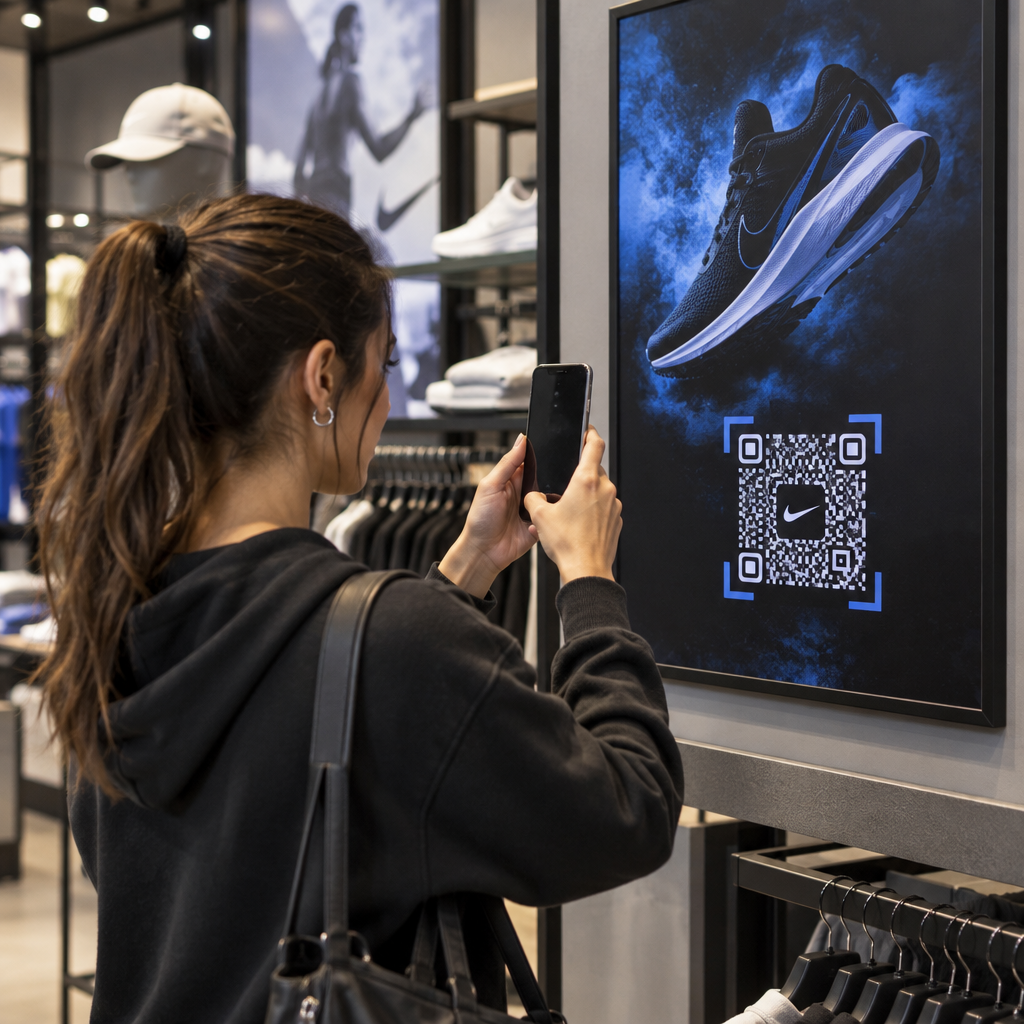 Shopper scanning promotional poster