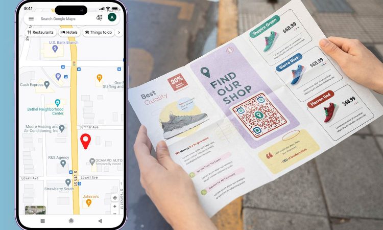 Main image showing an address QR code on a map background
