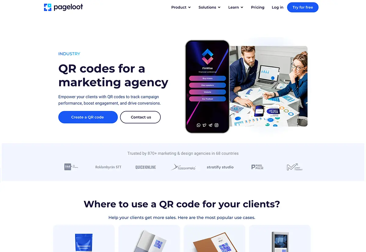 Pageloot QR-Code-Generator-Homepage — Agentur-QR-Plattform mit Lifetime-Deal