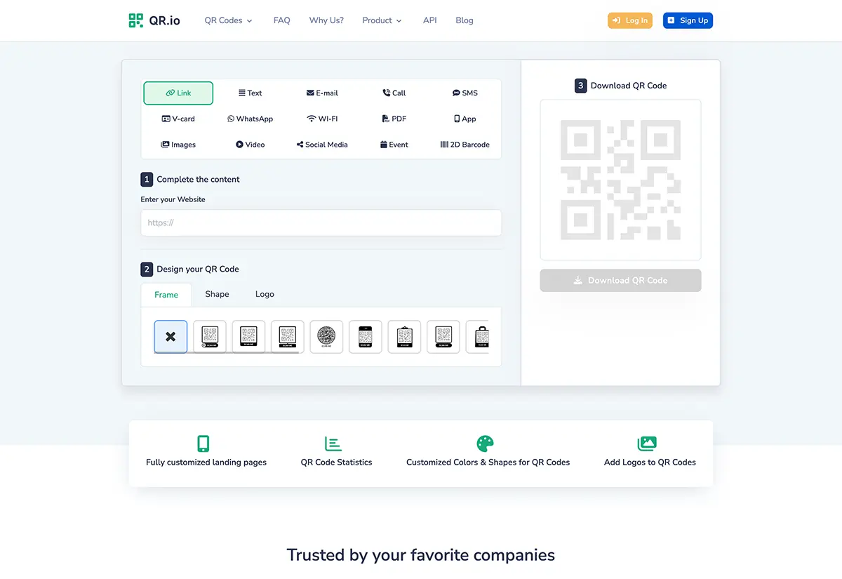 QR.io QR-Code-Generator-Homepage — 35 Dollar monatliche Preise nach der Testphase
