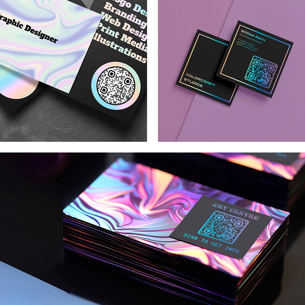 Ejemplos de tarjetas de visita con elementos holográficos y códigos QR
