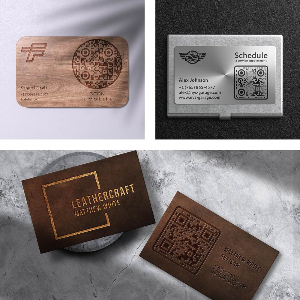 Визитни картички, изработени от различни материали като дърво, плат и метал, всяка от които има QR код.