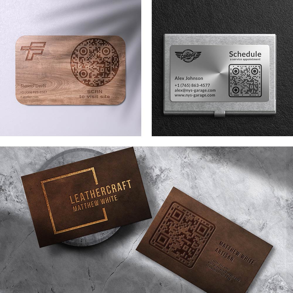 Tarjetas de visita hechas de diversos materiales como madera, tela y metal, cada una con un código QR