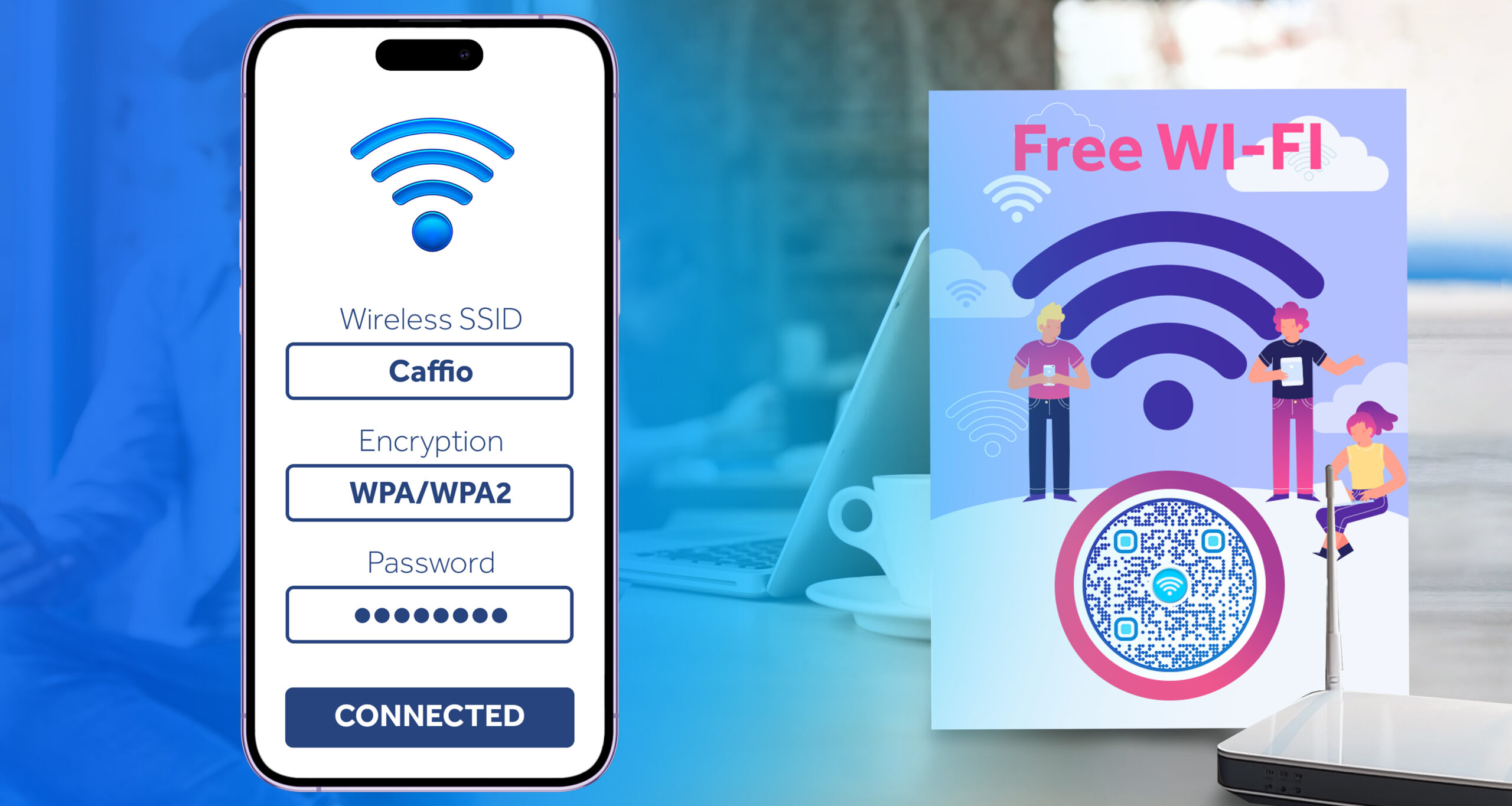 Illustration showing how to use Pageloot’s QR code generator to scan WiFi passwords and connect to WiFi networks via QR codes