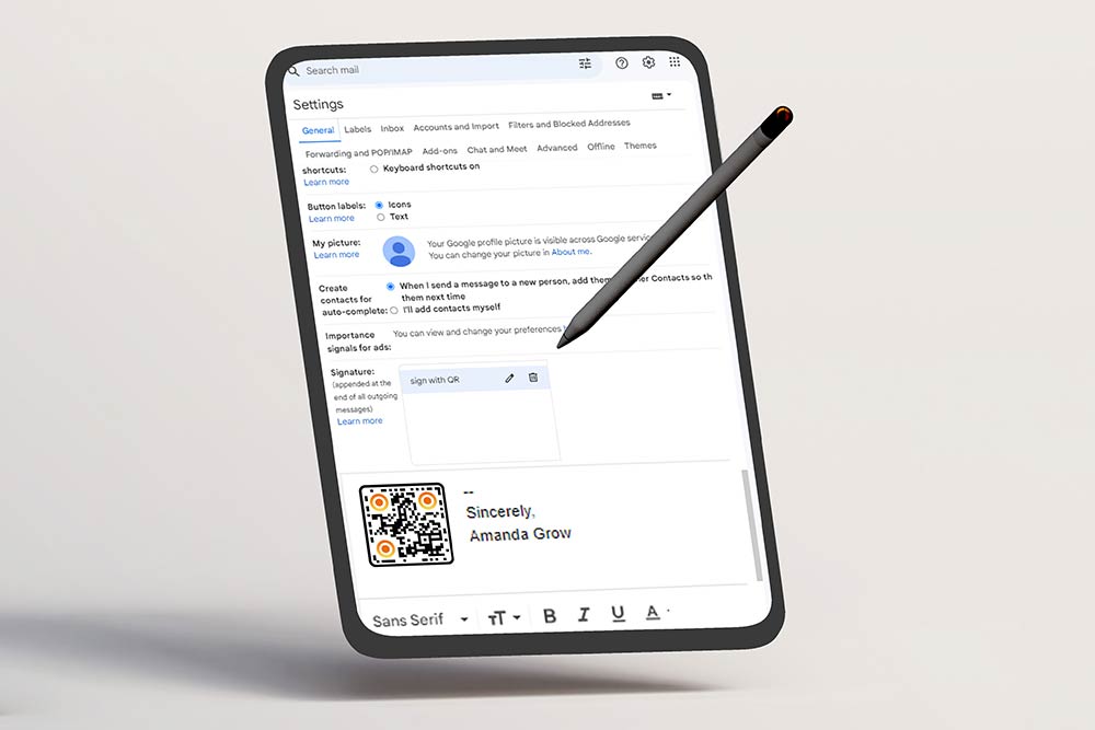 An email client's settings page with a signature being updated with a QR code