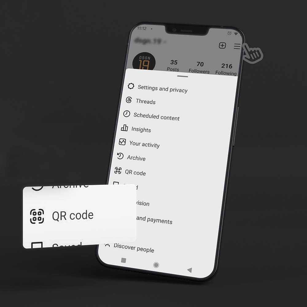 Instagram-innstillinger med "QR Code"-alternativet fremtredende vist