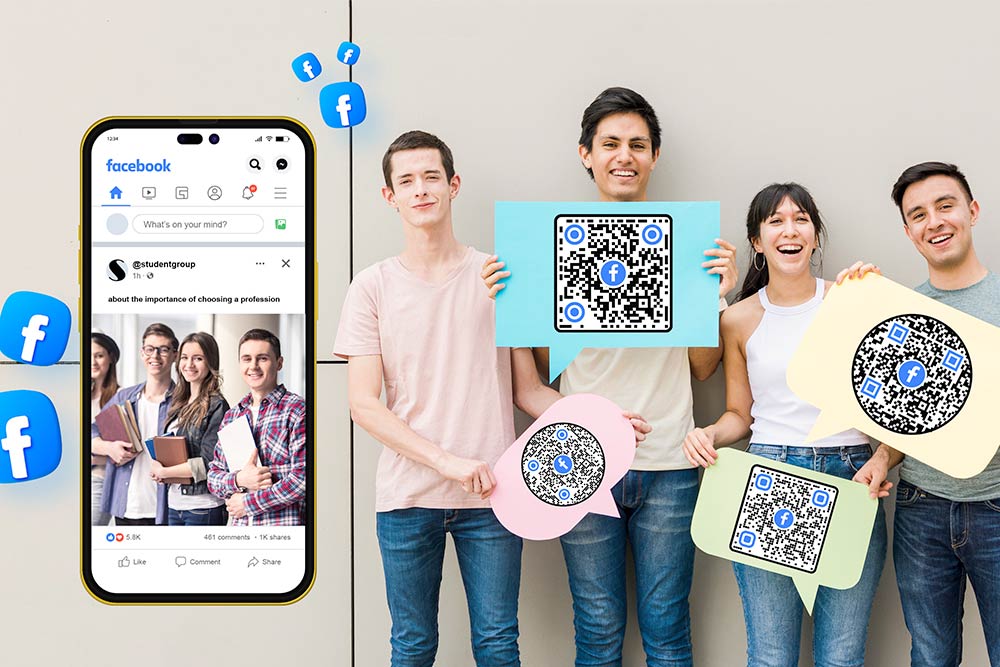 QRコード、フェイスブックのロゴ、そして人々をコラージュしたもの。