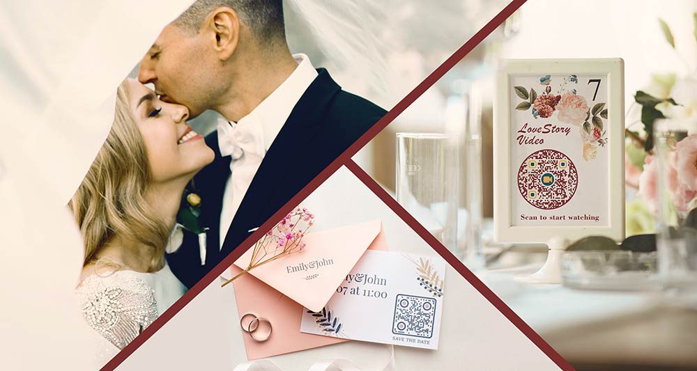 Коллаж из различных свадебных сцен с использованием QR-кодов на приглашениях, меню и схемах рассадки.