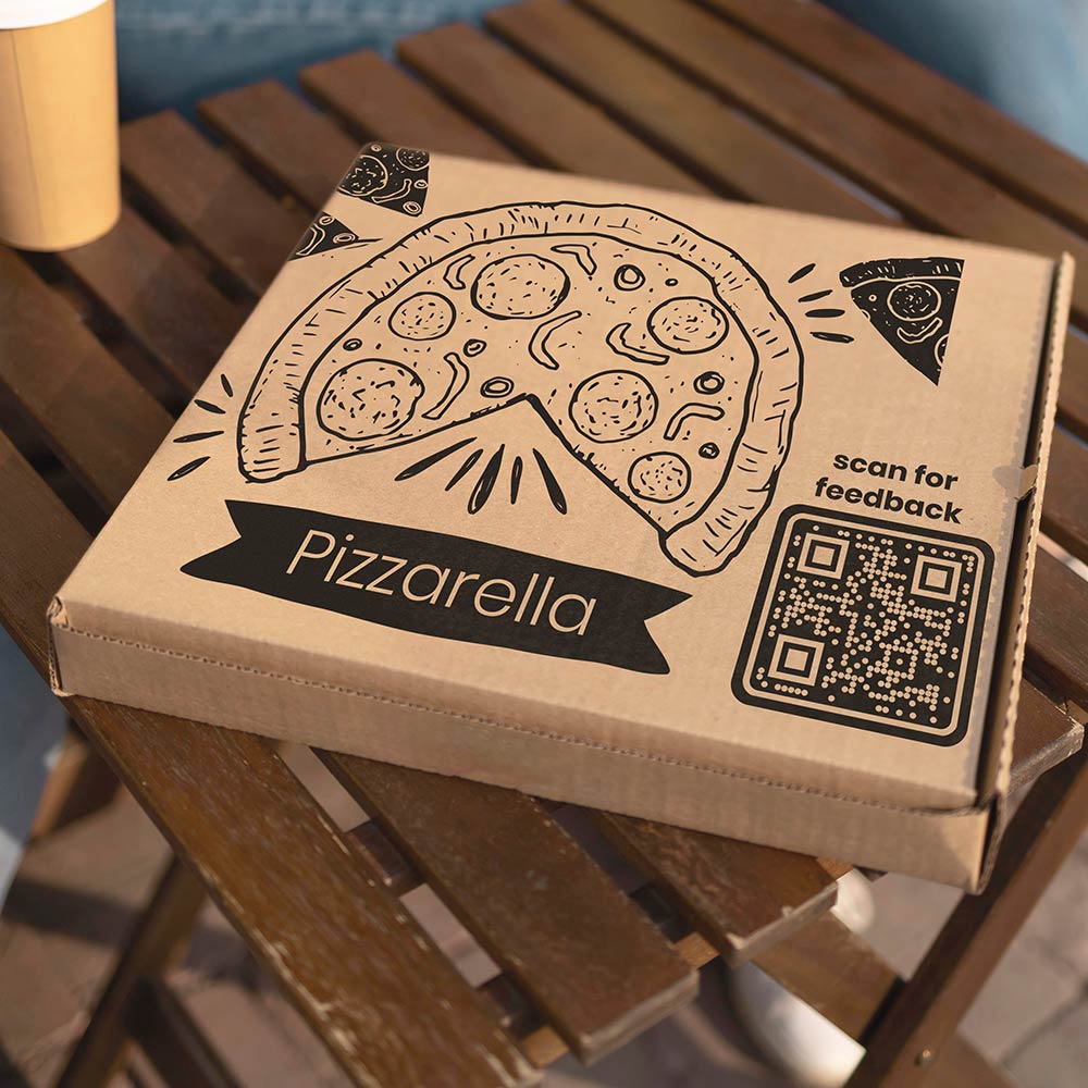 Kod QR informacji zwrotnej na pudełku pizzy jako lokowanie produktu