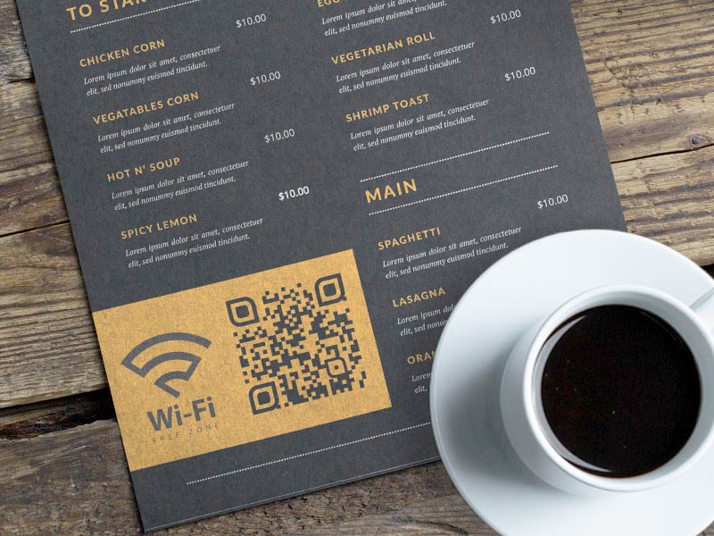 Menu quán cà phê có mã QR WiFi tích hợp