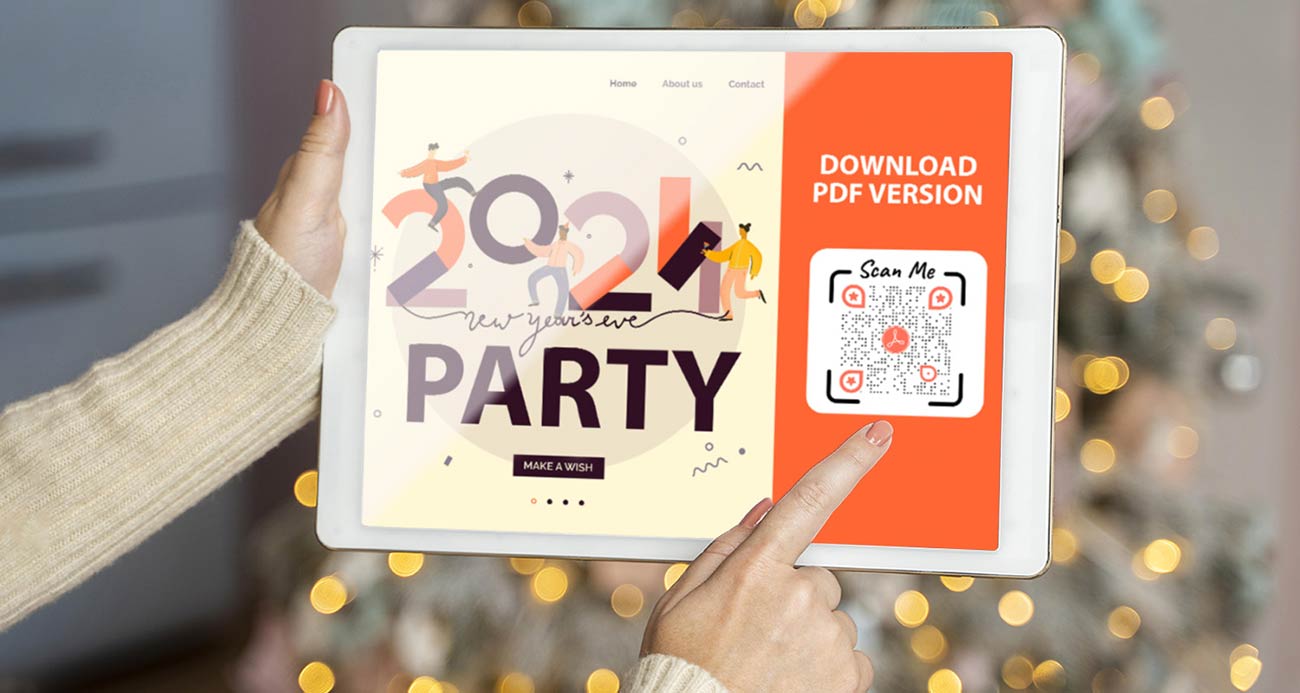Strona internetowa otwarta na iPadzie na temat imprezy sylwestrowej 2024 z kodem QR PDF do zeskanowania