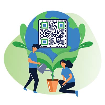 A couple of people watering a tree in a pot with a QR code
