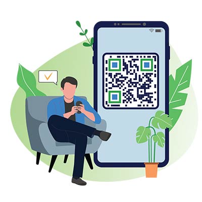 A man sitting and using a digital business QR code on his phone