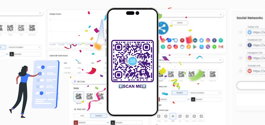 telefon med QR-kode med logoikon og oversikt over førsteklasses funksjonalitet i Pageloot QR Code Generator