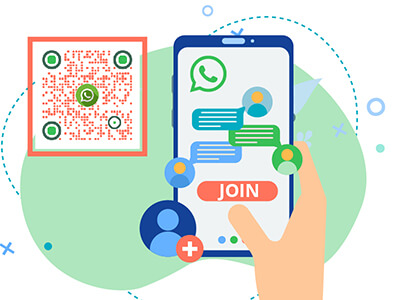 Телефон, показващ група в WhatsApp и QR код на WhatsApp