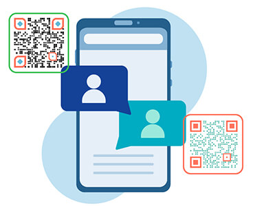 Телефон, в който двама души комуникират с помощта на QR кодове в WhatsApp