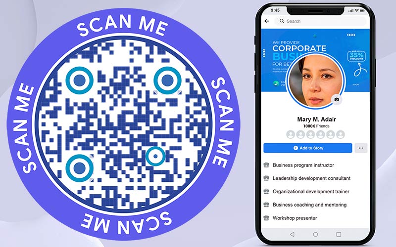 Facebook QR code generator and Facebook account on a smartphone