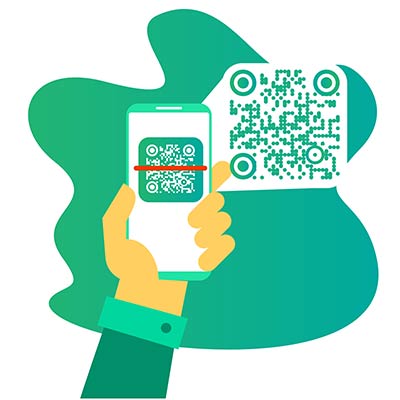 Hand scanning Facebook QR code on green background
