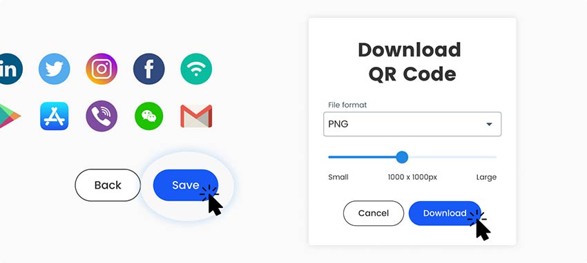 Screenshot of the Facebook QR code download button with the ability to share on all social networks and select the size using the slider