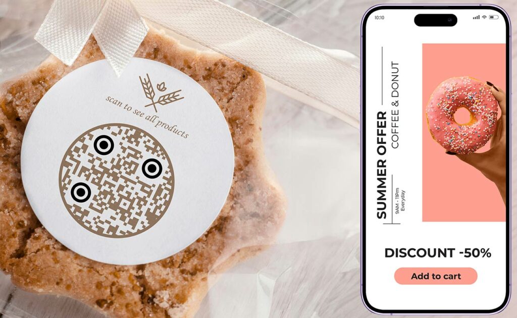 Business page QR code on food packaging that leads to the website of a bakery