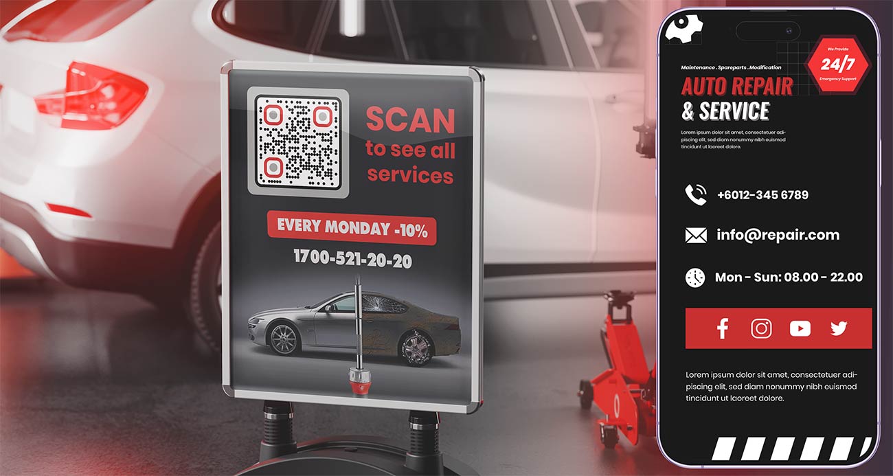 Business QR code on billboard leading to car repair website