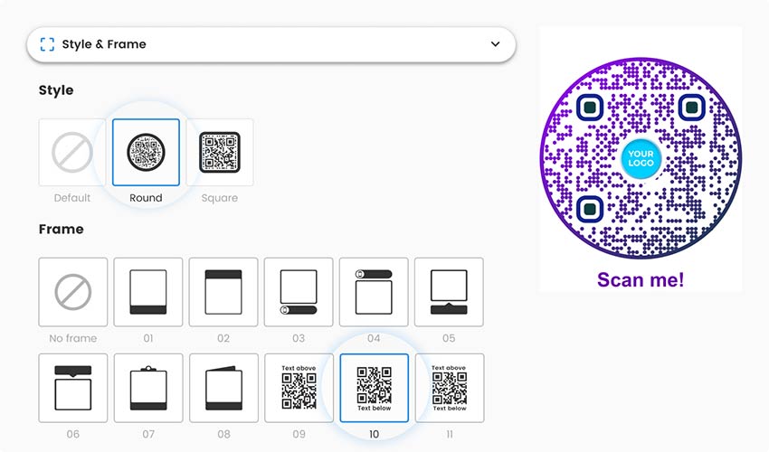 Choosing style and frame in business page QR code generator