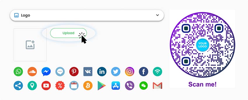 Clicking on ‘Upload’ button in generator to add logo or icon to the QR code for business