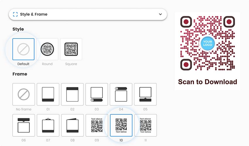 Choose style and frame for app QR code in the generator tool