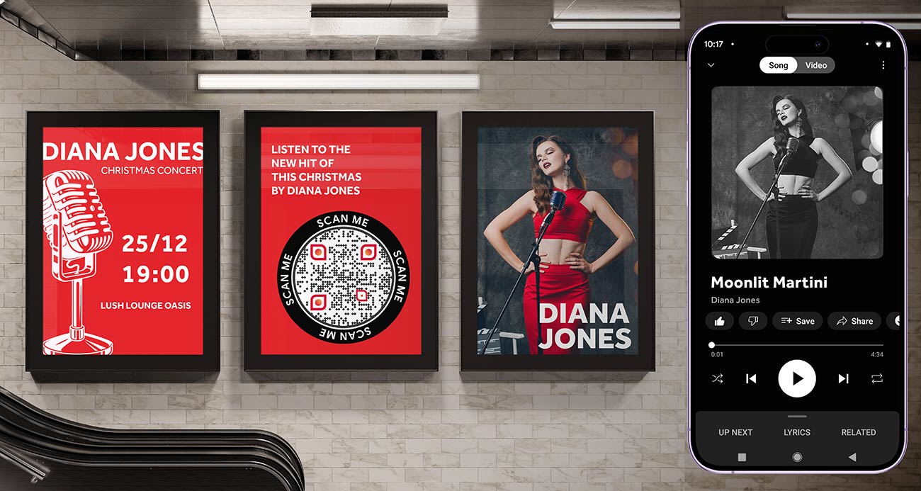 Posters in the subway with audio QR code leading to the player with a song