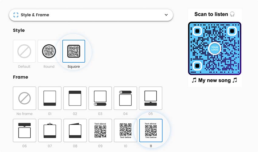 Change the style and frame of mp3 QR code in ‘Style & Frame’ section of Mp3 QR code generator
