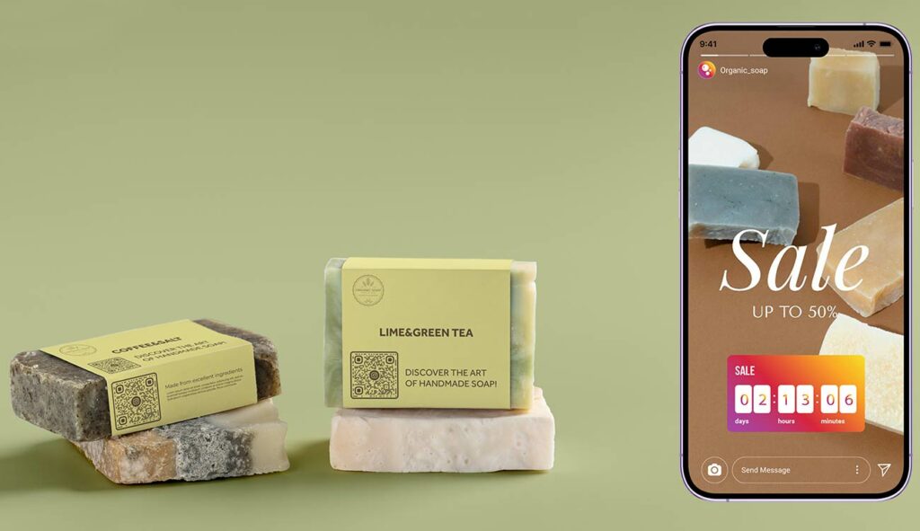 Instagram QR code on soap packaging that leads to special deals shared on Instagram Story