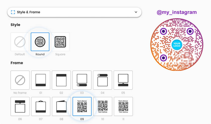 Customize Instagram QR code by changing its style and frame in the generator tool