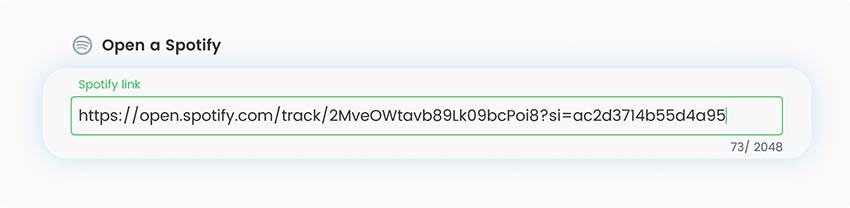 Nuorodos į "Spotify" įvedimo lauko ekrano nuotrauka su nuorodos pavyzdžiu
