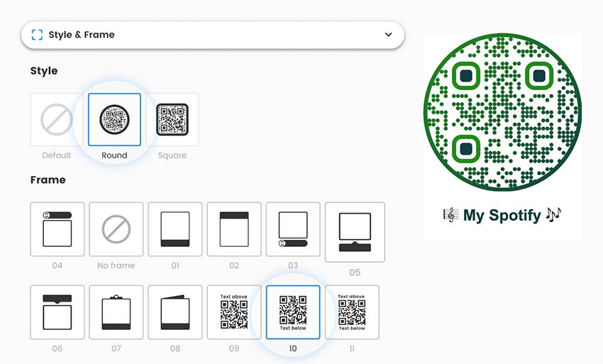 QR kodo pritaikymo lauko, kuriame galima pasirinkti formą ir rėmelį, ekrano nuotrauka